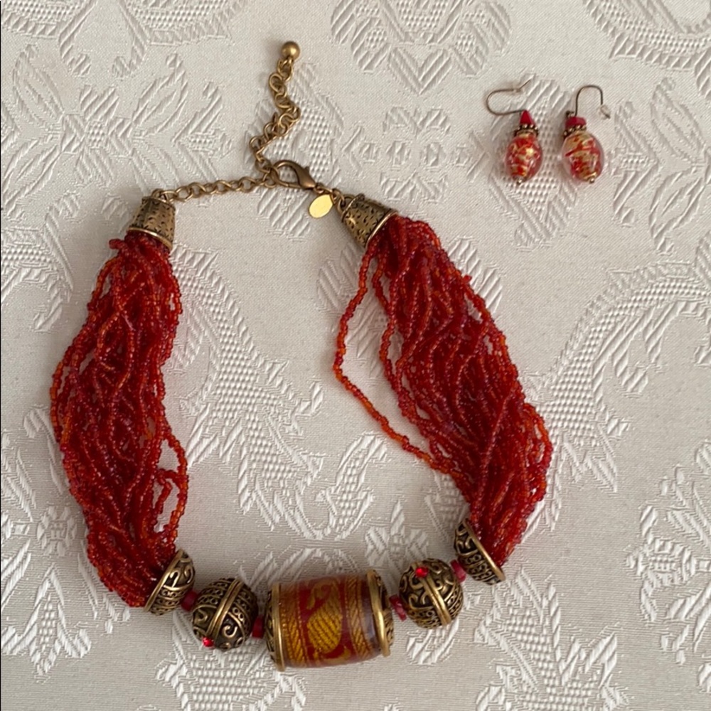 Red bead gold necklace and earrings